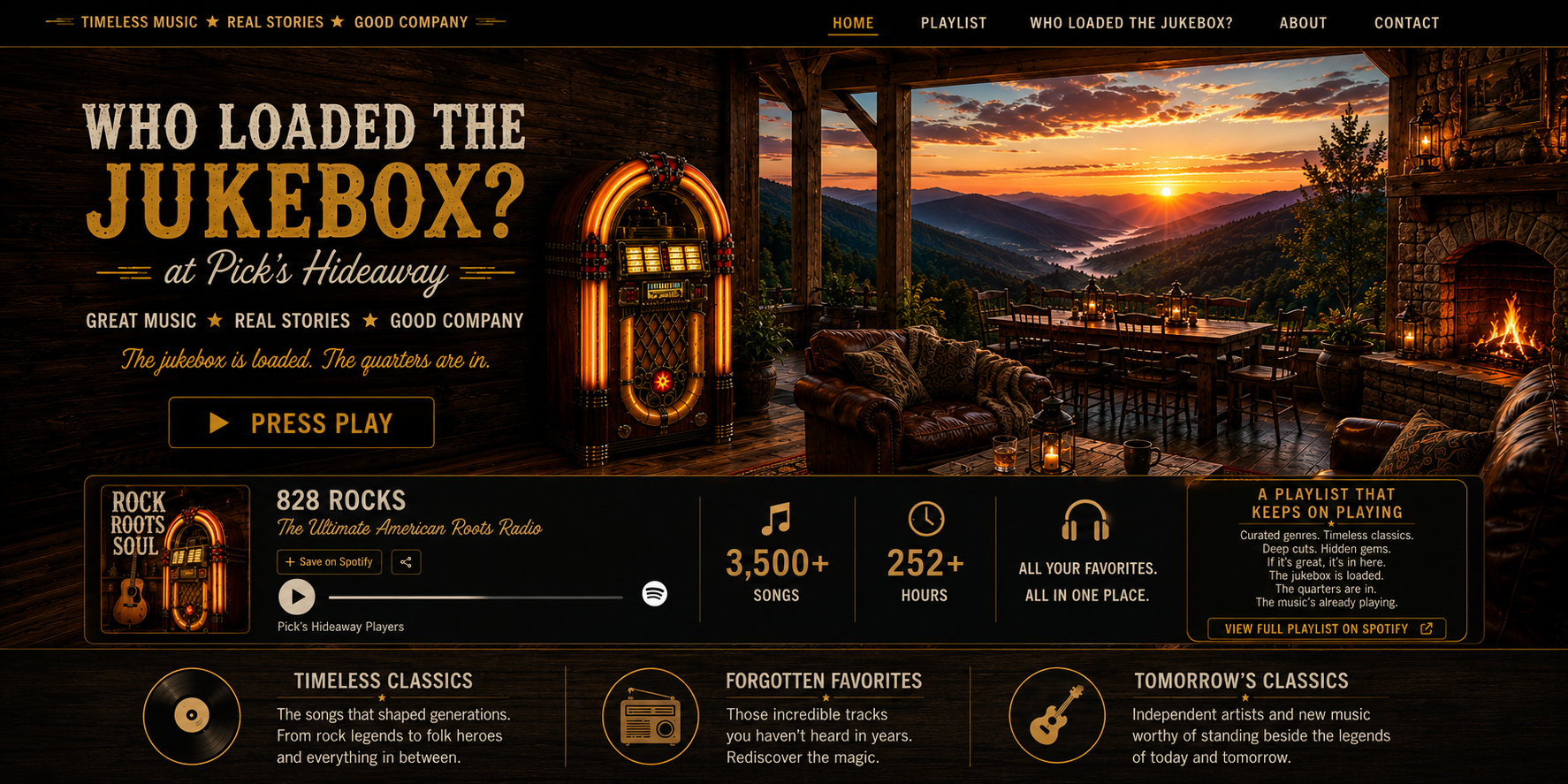 Who Loaded the Jukebox at Pick's Hideaway, featuring a glowing vintage jukebox inside a luxury mountain lodge with a sunset view